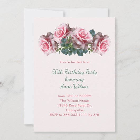 Roze Roses Her Birthday Party Invitation Kaart (Voorkant)