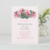 Roze Roses Her Birthday Party Invitation Kaart (Staand voorkant)