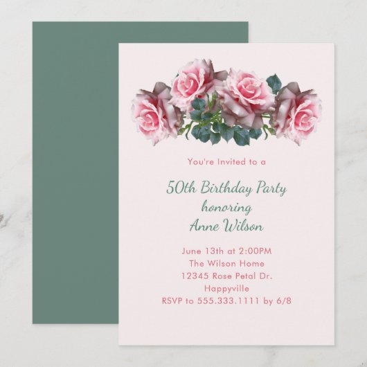 Roze Roses Her Birthday Party Invitation Kaart (Voorkant / Achterkant)