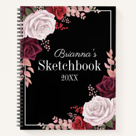 Roze Roses Jouw naam Black Sketchbook Notitieboek