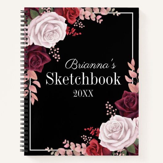 Roze Roses Jouw naam Black Sketchbook Notitieboek (Voorkant)