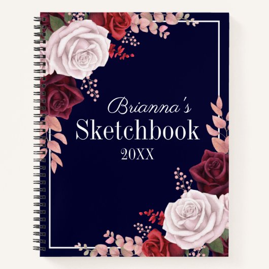 Roze Roses Jouw naam Navy Blue Sketchbook Notitieboek (Voorkant)