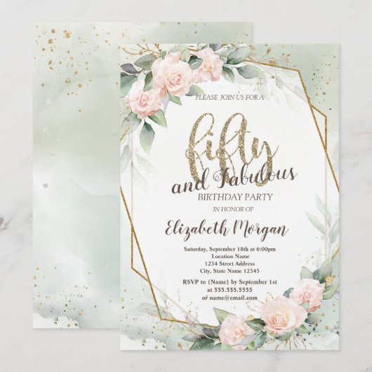 Roze Roses Lijst Confetti Green 50th Birthday Kaart (Voorkant / Achterkant)