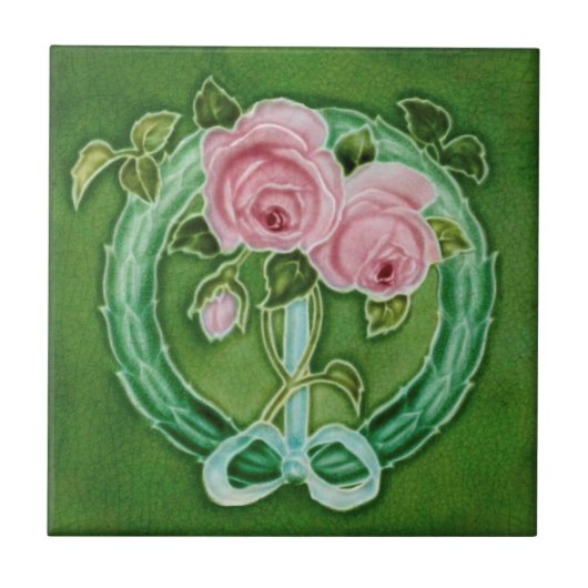 Roze Roses Majolica Faux Repro Antiek Tegeltje (Voorkant)