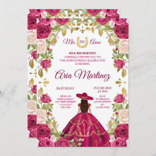 Roze Roses Mexican Girl 15th Birthday Invitation Kaart