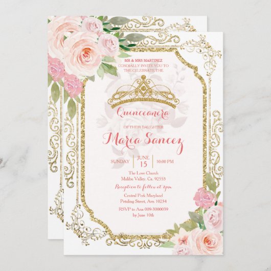 Roze Roses Mexican Mis Quince Invitation Kaart (Voorkant / Achterkant)