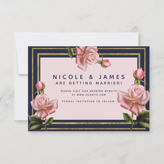 Roze Roses Navy Blue & Gold Modern Save the Date Kaart (Voorkant)
