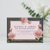 Roze Roses Navy Blue & Gold Modern Save the Date Kaart (Staand voorkant)