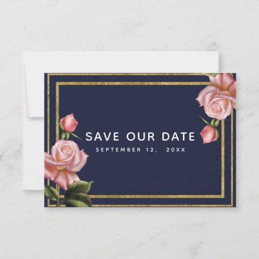 Roze Roses Navy Blue & Gold Modern Save the Date Kaart (Achterkant)