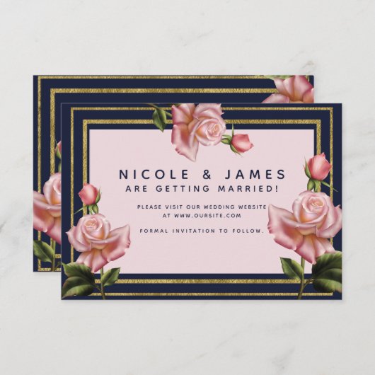 Roze Roses Navy Blue & Gold Modern Save the Date Kaart (Voorkant / Achterkant)
