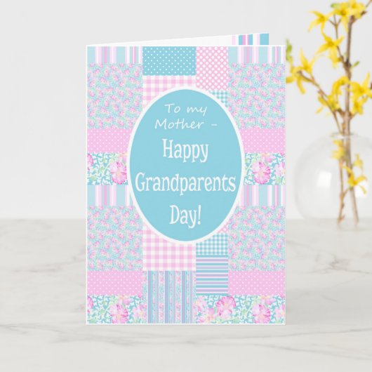 Roze Roses Patchwork Grandouders Day Kaart, moeder Kaart (Gele Bloem)