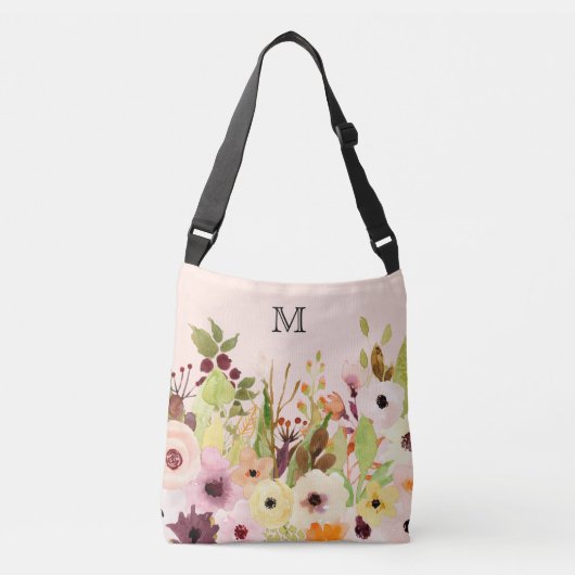 Roze Roses Poppies Monogram Crossbody Tas (Voorkant)