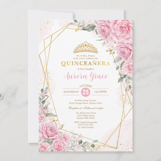 Roze Roses Princess Quinceañera Gold Geometric Kaart (Voorkant)
