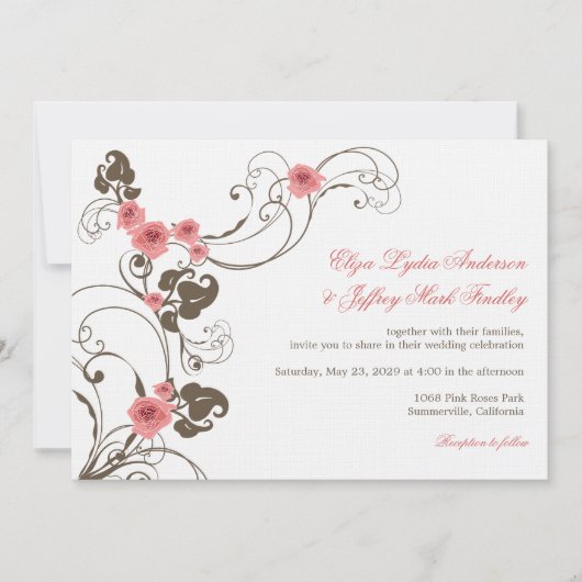 Roze Roses Romantic Florals Elegant Wedding Invite Kaart (Voorkant)