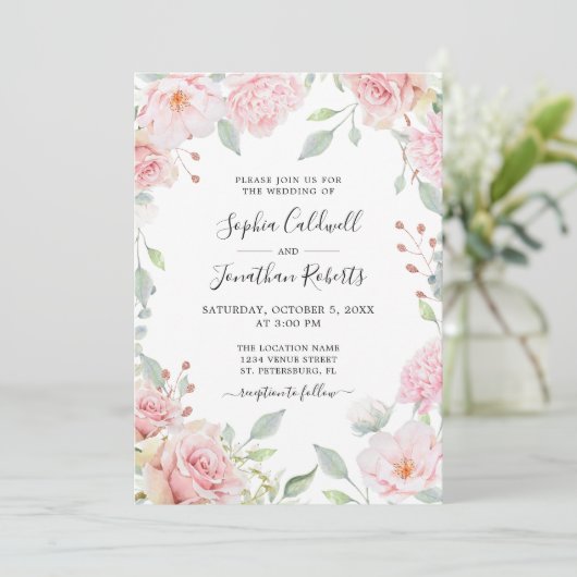 Roze Roses Sage Greenery All in One Wedding Kaart (Staand voorkant)