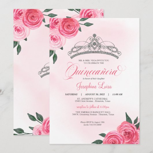 Roze Roses Silver Tiara Quinceañera Waterverf Kaart (Voorkant / Achterkant)