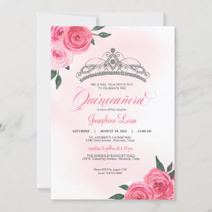 Roze Roses Silver Tiara Quinceañera Waterverf Kaart