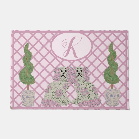 Roze Roses Staffordshire Dogs Topiary Deurmat (Voorkant)