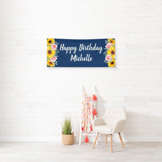 Roze Roses Sunflower Blue Happy Birthday Spandoek (Insitu)