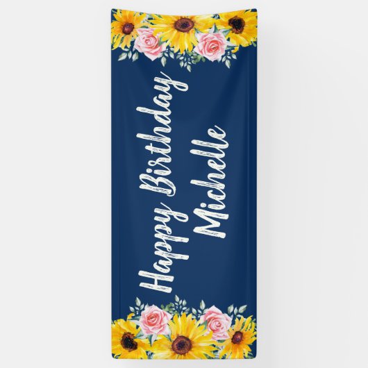Roze Roses Sunflower Blue Happy Birthday Spandoek (Verticaal)