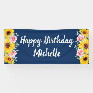 Roze Roses Sunflower Blue Happy Birthday Spandoek