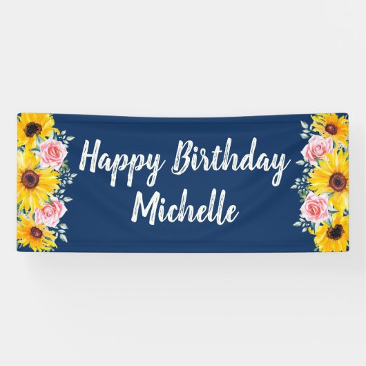 Roze Roses Sunflower Blue Happy Birthday Spandoek (Horizontaal)