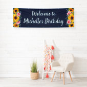 Roze Roses Sunflower Navy Blue Birthday Welkom Spandoek (Insitu)