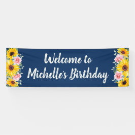 Roze Roses Sunflower Navy Blue Birthday Welkom Spandoek