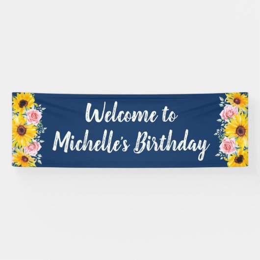 Roze Roses Sunflower Navy Blue Birthday Welkom Spandoek (Horizontaal)