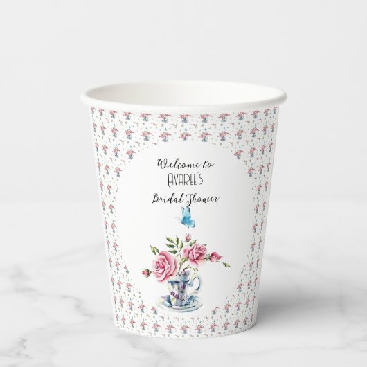 Roze Roses Tea Party Shower Papieren Bekers (Achterkant)