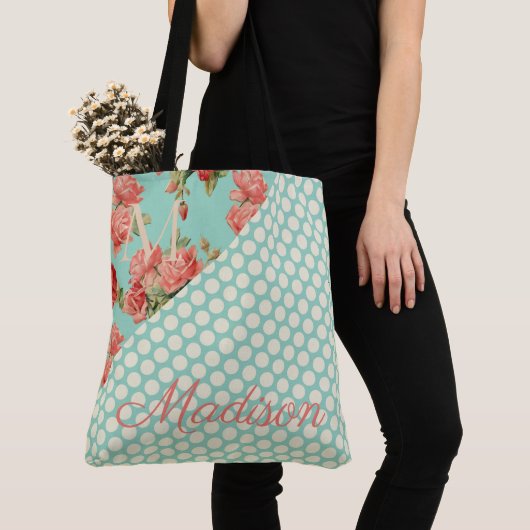 Roze Roses Trendy Green Stippen Girly Name Monogra Tote Bag (Dichtbij)