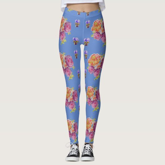 Roze Roses Violet Shabby waterverf Blauwe Leggings (Voorkant)