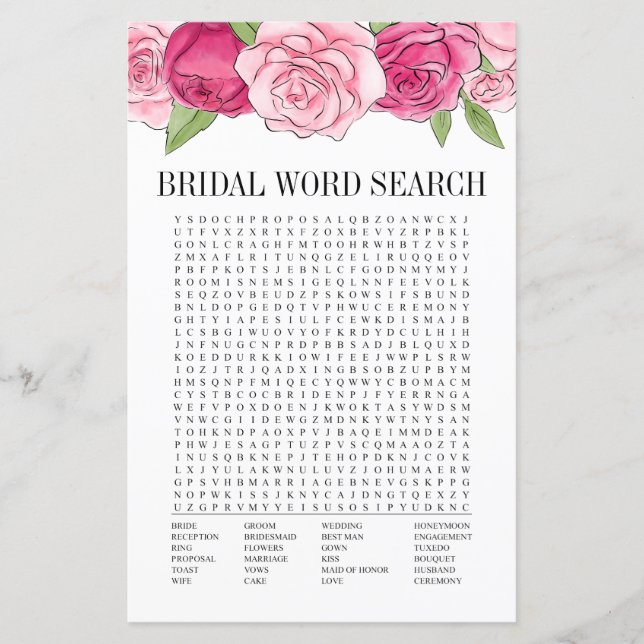 Roze Roses Vrijgezellenfeest Word Search Game Kaar (Voorkant)