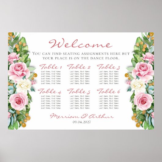 Roze Roses Wedding Seating Chart 36"x24" Poster (Voorkant)