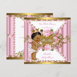 Roze Roses White Gold Princess Baby shower Ethnic Kaart