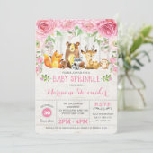 Roze Roses Woodland Meisje Baby Sprinkle Uitnodigi Kaart (Staand voorkant)