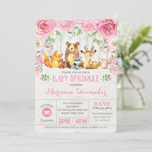 Roze Roses Woodland Meisje Baby Sprinkle Uitnodigi Kaart (Staand voorkant)