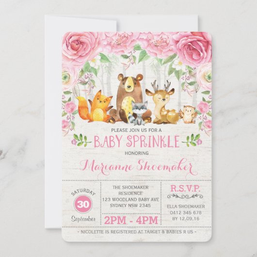 Roze Roses Woodland Meisje Baby Sprinkle Uitnodigi Kaart (Voorkant)