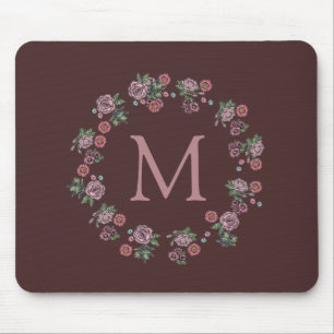 Roze Roses Wreath Burgundy Monogram Muismat