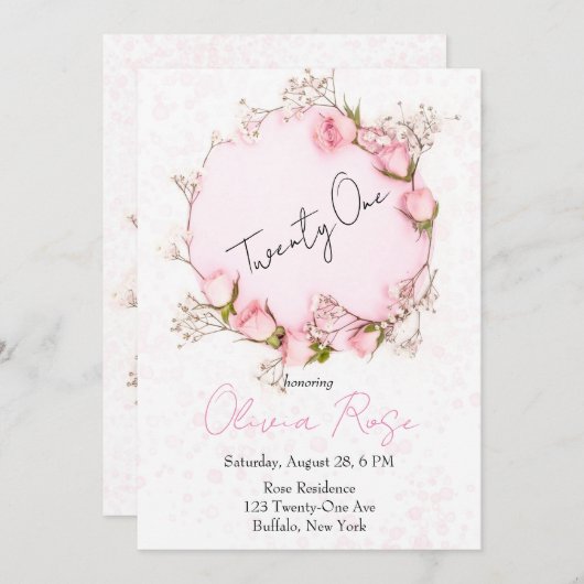 Roze Roses Wreath Chic 21st Birthday Party Kaart (Voorkant / Achterkant)