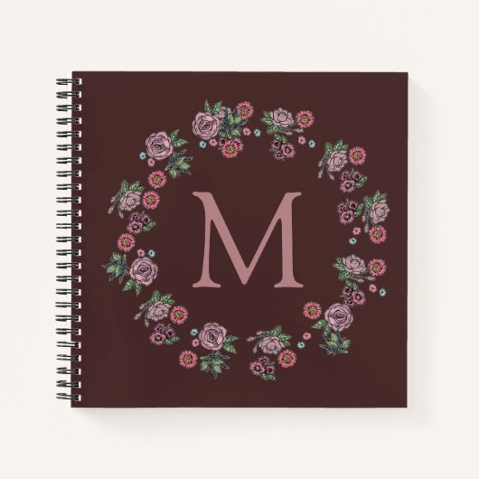 Roze Roses Wreath Monogram Burgundy Notitieboek (Voorkant)
