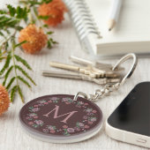  Roze Roses Wreath Monogram Burgundy Sleutelhanger (Voorkant Rechts)