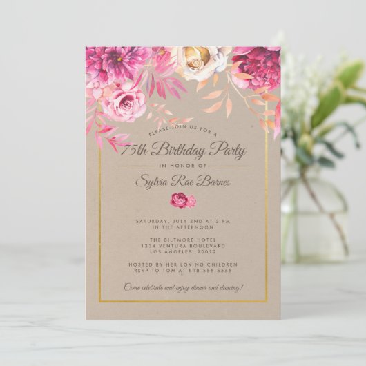 Roze Roustic 75th Birthday Party Invitation Kaart (Staand voorkant)