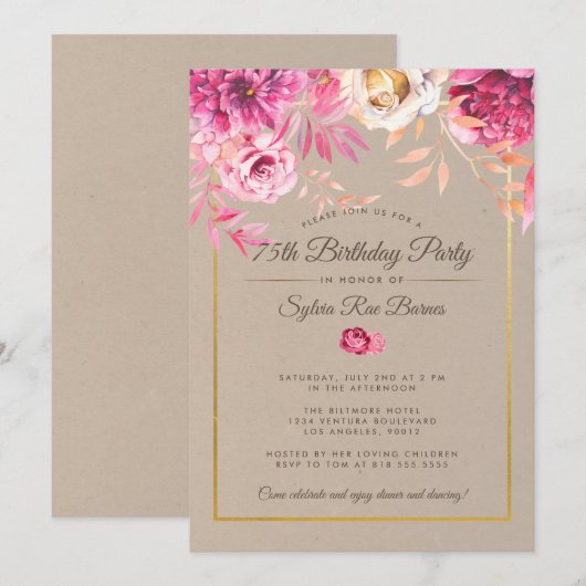 Roze Roustic 75th Birthday Party Invitation Kaart (Voorkant / Achterkant)