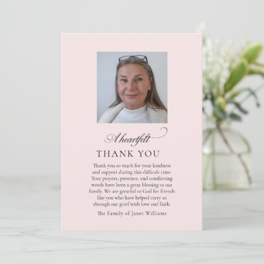 Roze rouwfoto dankjewel kaart (Staand voorkant)