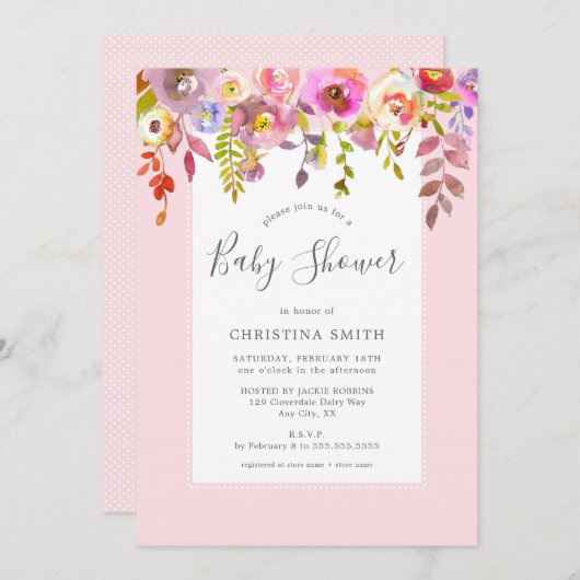 Roze roze baby shower kaart (Voorkant / Achterkant)