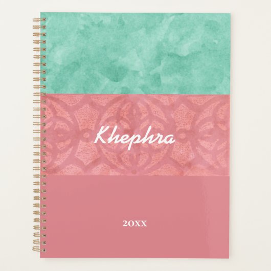 Roze roze batik en blauwe Waterverf naam en jaar Planner (Voorkant)
