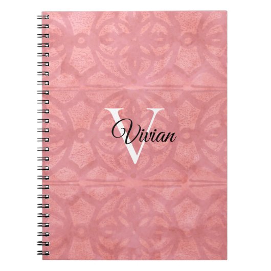 Roze roze batik met monogram en naam notitieboek (Voorkant)