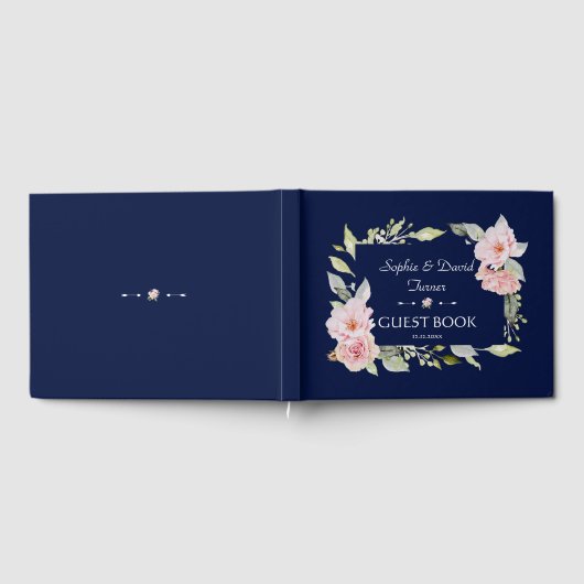 Roze Roze Bloei Navyblauwe Huwelijk Gastenboek (Volledig)