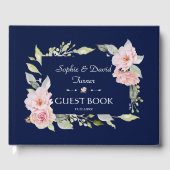 Roze Roze Bloei Navyblauwe Huwelijk Gastenboek (Voorkant)